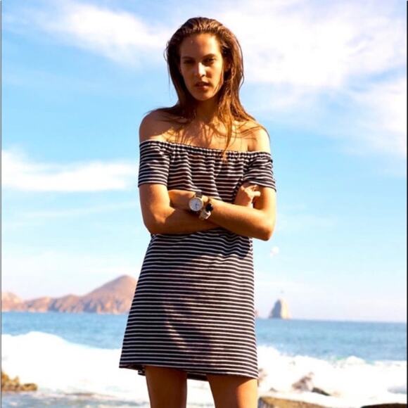 Madewell Black and White Striped Short Sleeve Off Shoulder Mini Dress - Picture 1 of 8